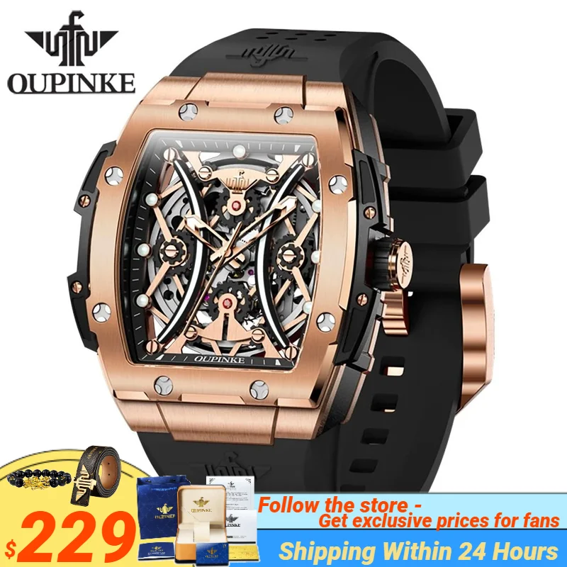 OUPINKE 3215 Silikónový remienok Pánske hodinky Importovaný pohyb （Miyota） Automatické mechanické hodinky pre človeka Hollow Out Watch Men