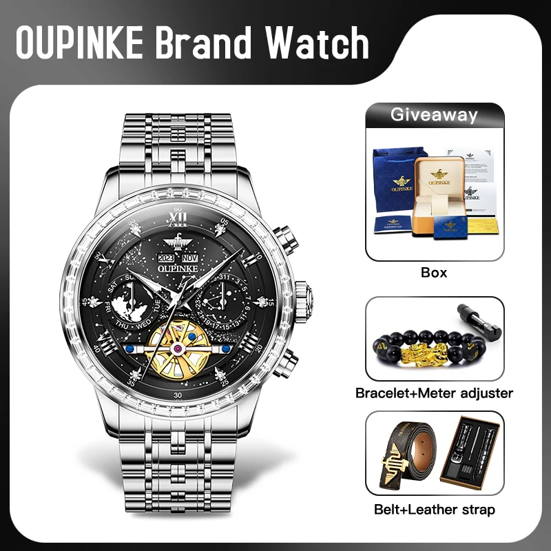 OUPINKE 3255 MENS WATCH Originálny automatický multifunkčný chronograf Mechanické hodinky Starry Sky Dial vodotesný svetelný svetelný