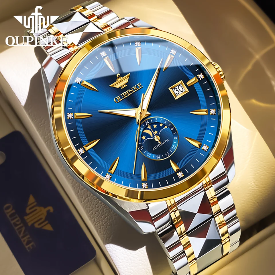 OUPINKE 3292 TOP Brand Men Watch Automatický mechanický pohyb Vysoko kvalitný oceľový volfrám Auto dátum vodotesné hodinky