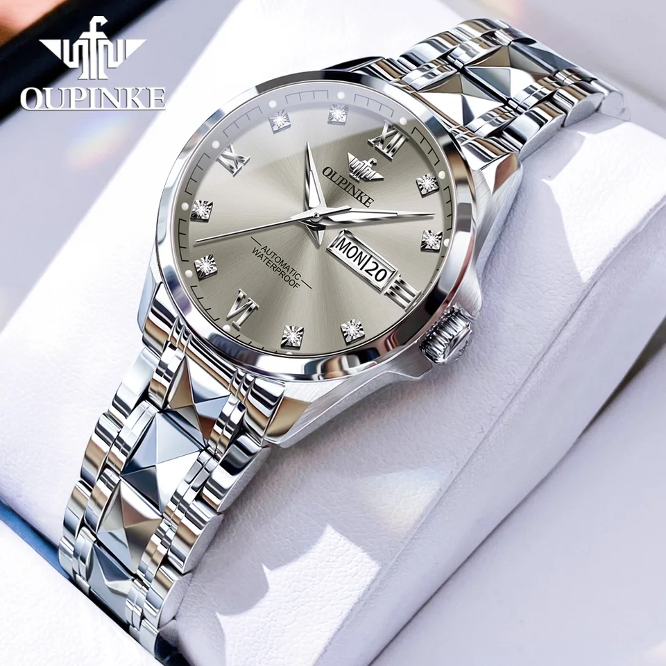 OUPINKE ORIGINÁLNE Tungsten Steel Automatic Machinery Dámske hodinky Luxusná značka nepremokavá dvojitá kalendár Sapphire Dámske hodinky