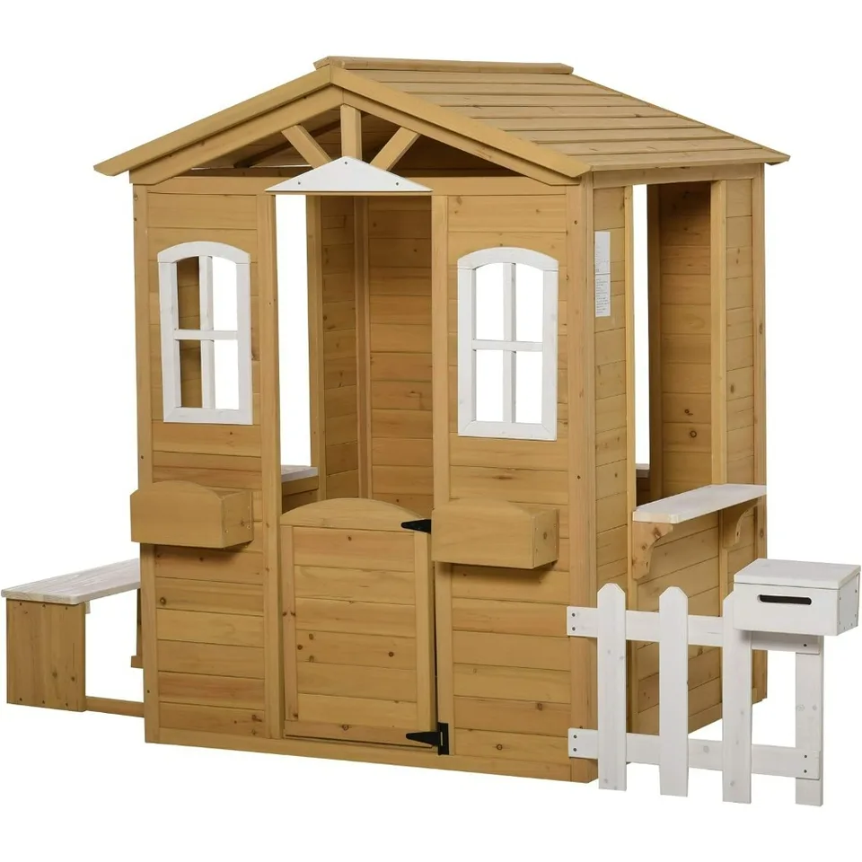 Outdoor Playhouse for Kids Drevená chata s pracovnými dverami oknami a poštovou schránkou, predstierajte hraním domu pre 3-6 rokov, hracie domy
