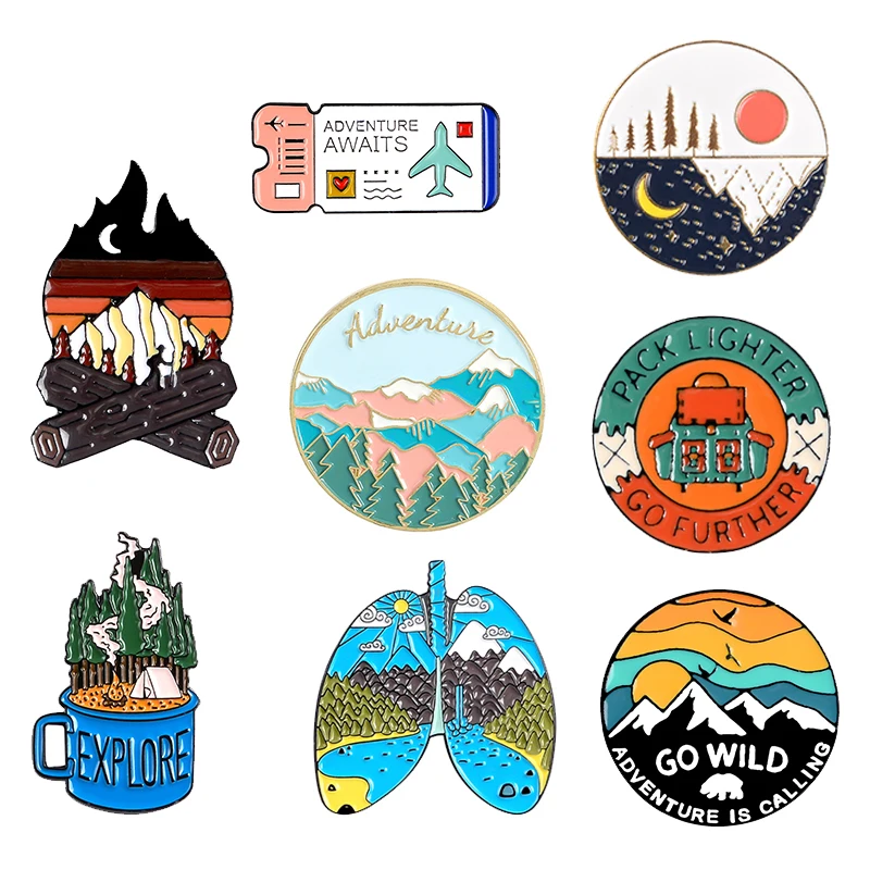 Outdoors Mountain Starry Night Smalt Pin Vlastné divoké kempingové turistické brošne Bath oblečenie kloel Pin Adventure odznak šperky darček