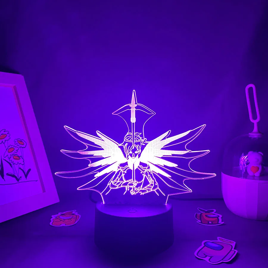 Overwatches Ow Game figure Mercy Angela Ziegler 3D LED Neon Night Lights Birthday Darček pre priateľov