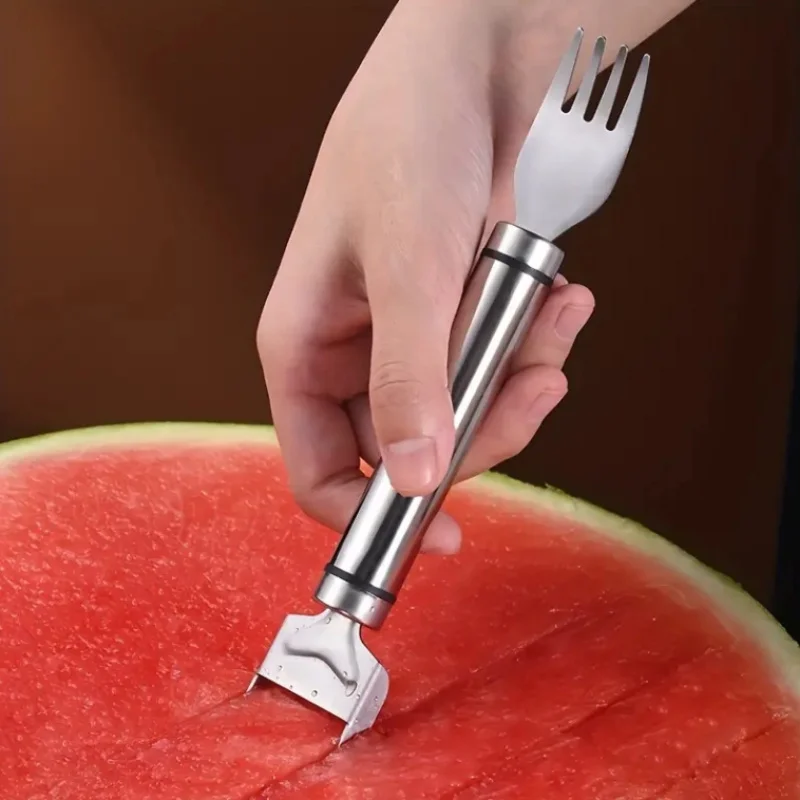 Ovocná rezačka z nehrdzavejúcej ocele 1pc 2-in-1, nová vylepšovacia melón vidlicová krájačka nástroja, prenosný melón vidlice vodné melón SLI