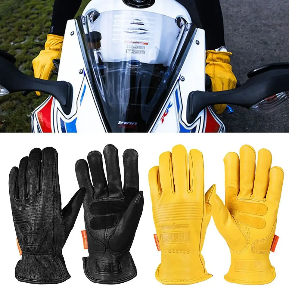 Ovočková koža na kožené motocykle jazdiace rukavice nosia odolné žlté čierne pracovné ochranné rukavice priedušné kempingové lezenie