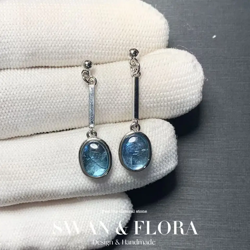 Oválny prírodný akvánamarine 925 Sterling Silver Stud náušnice pre ženy Darček pre šperky jednoduché šperky modrá