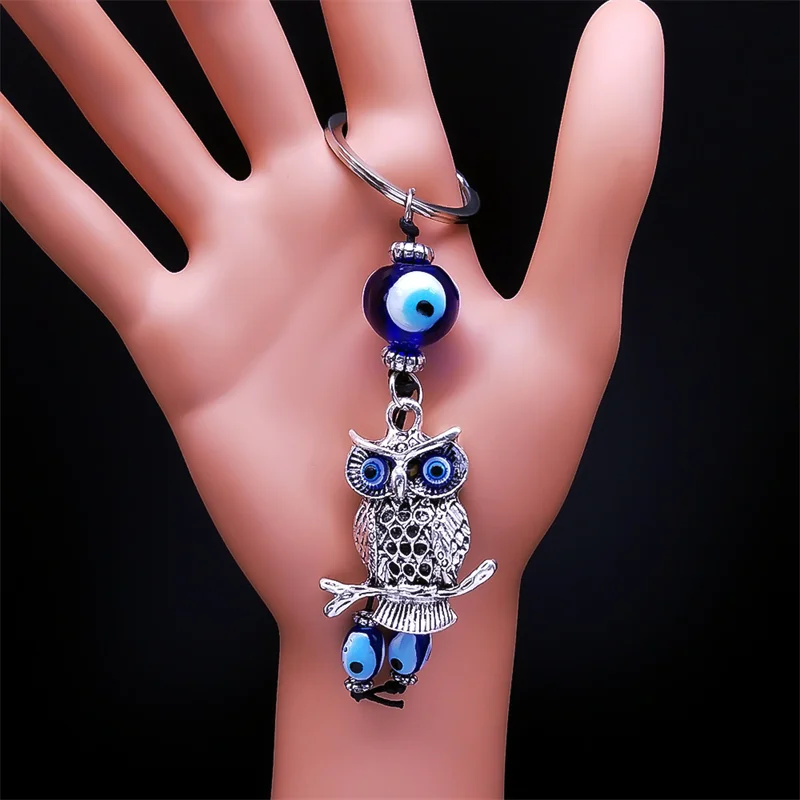 Owl Turkish Blue Eye Keychain for Woman/Men Strieborná farba zliatiny Šťastný ochrana Kľúč prsteň šperky porte clé pour femme kxh524s01