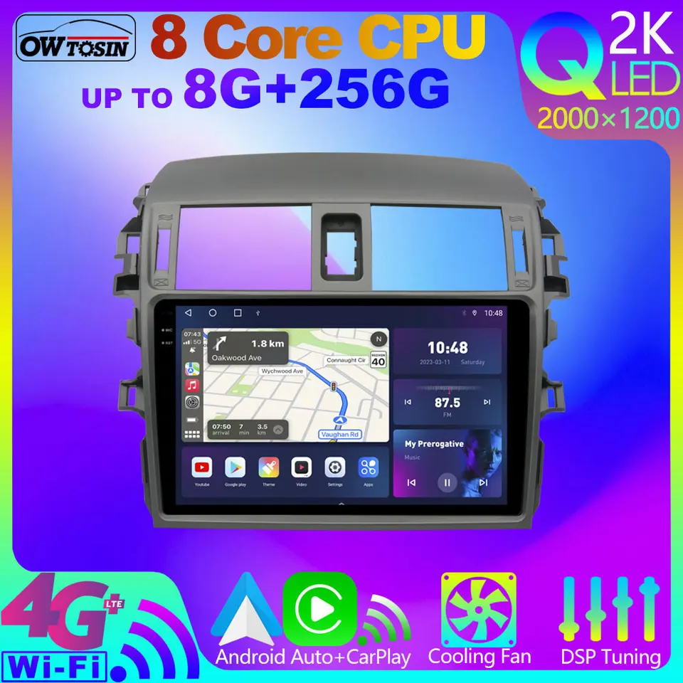 Owtosin QLED 2K 8G+256G Android 12 GPS CAR RADIO pre Toyota Corolla 10 E140 E150 2006-2013 360 Panoramatic Camera Stereo Carplay