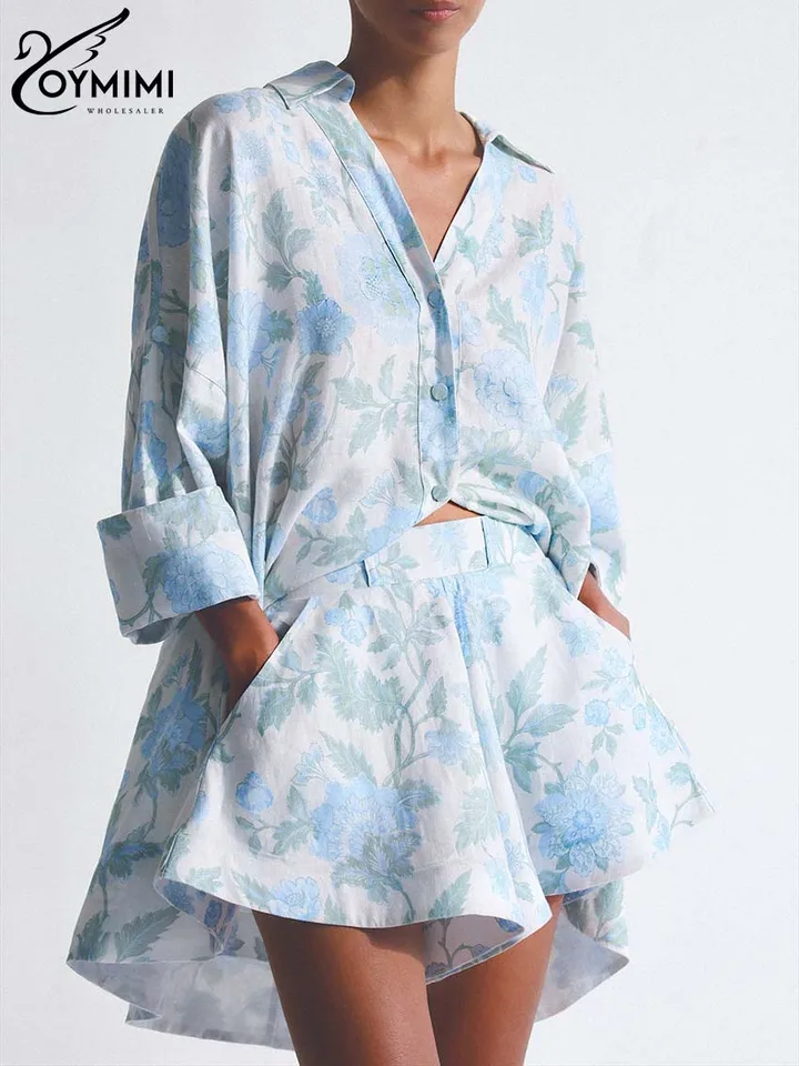 Oymimi Casual Blue Blue Print Sety Womens 2 -Piece Elegantné tri štvrtiny rukávové gombíky a vysoké pásové štrky súpravy streetwear