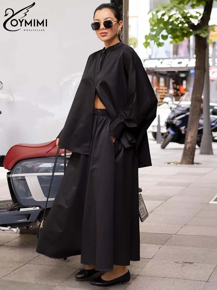 Oymimi Fashion Black Two-Piece Set pre ženy neformálne orne s dlhým rukávom s dlhým rukávom a súpravy nohavíc s vysokým pásom voľných vreciek