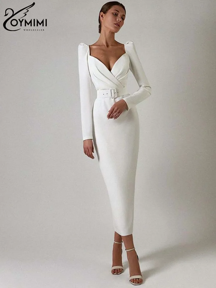 Oymimi móda biele hlboké V-krk dámske šaty elegantné šnurovacie šnurovacie šnurovacie šaty Spring rovné šaty v polovici kála Žena