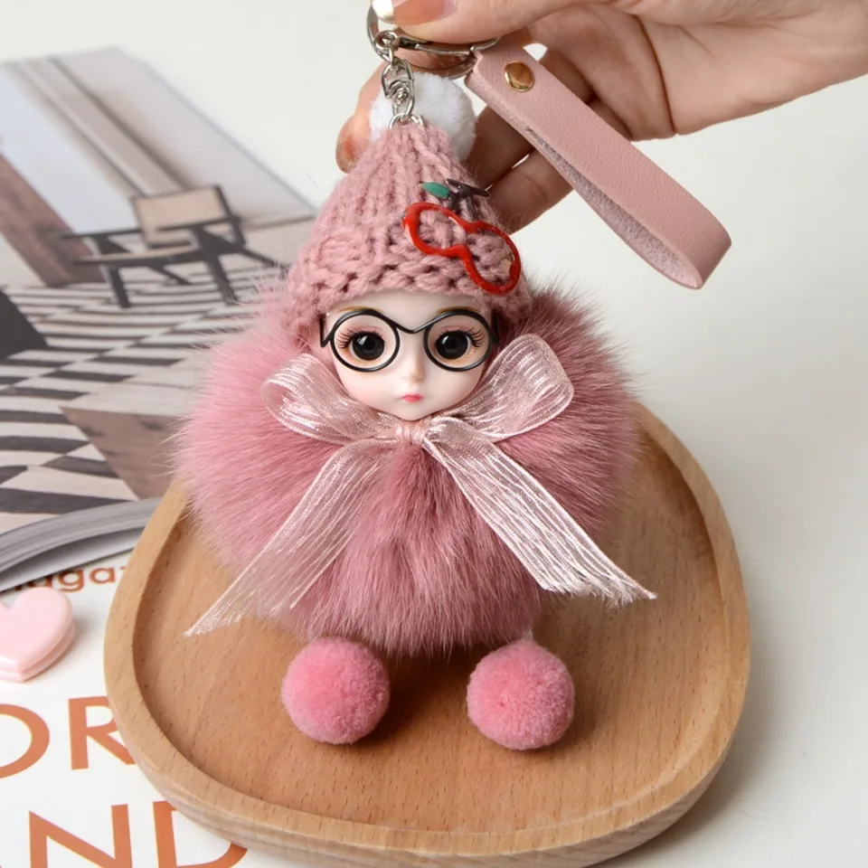 Očné sklo bábiky roztomilé pompom keychain skutočné kožušinové loptičku kľúča kľúče pompom doll kľúče keyring cherry plyn