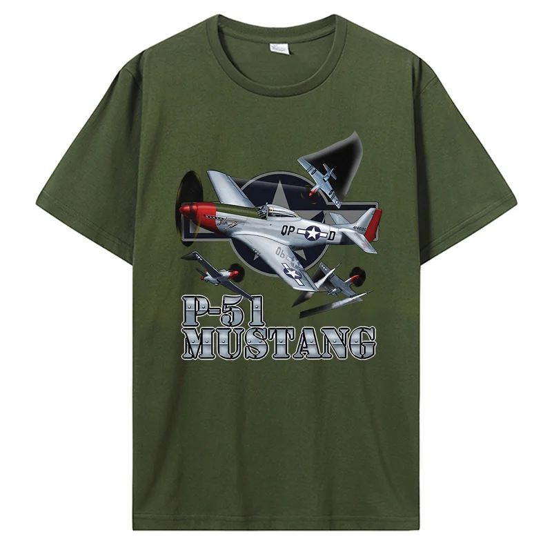 P-51 Mustang Aircraft 40. rokov 20. storočia WW2 Fighter Plane Pánske tričko P51 Air Combat Scene Tlačené bavlnené okrúhle krk s krátkym rukávom tričko