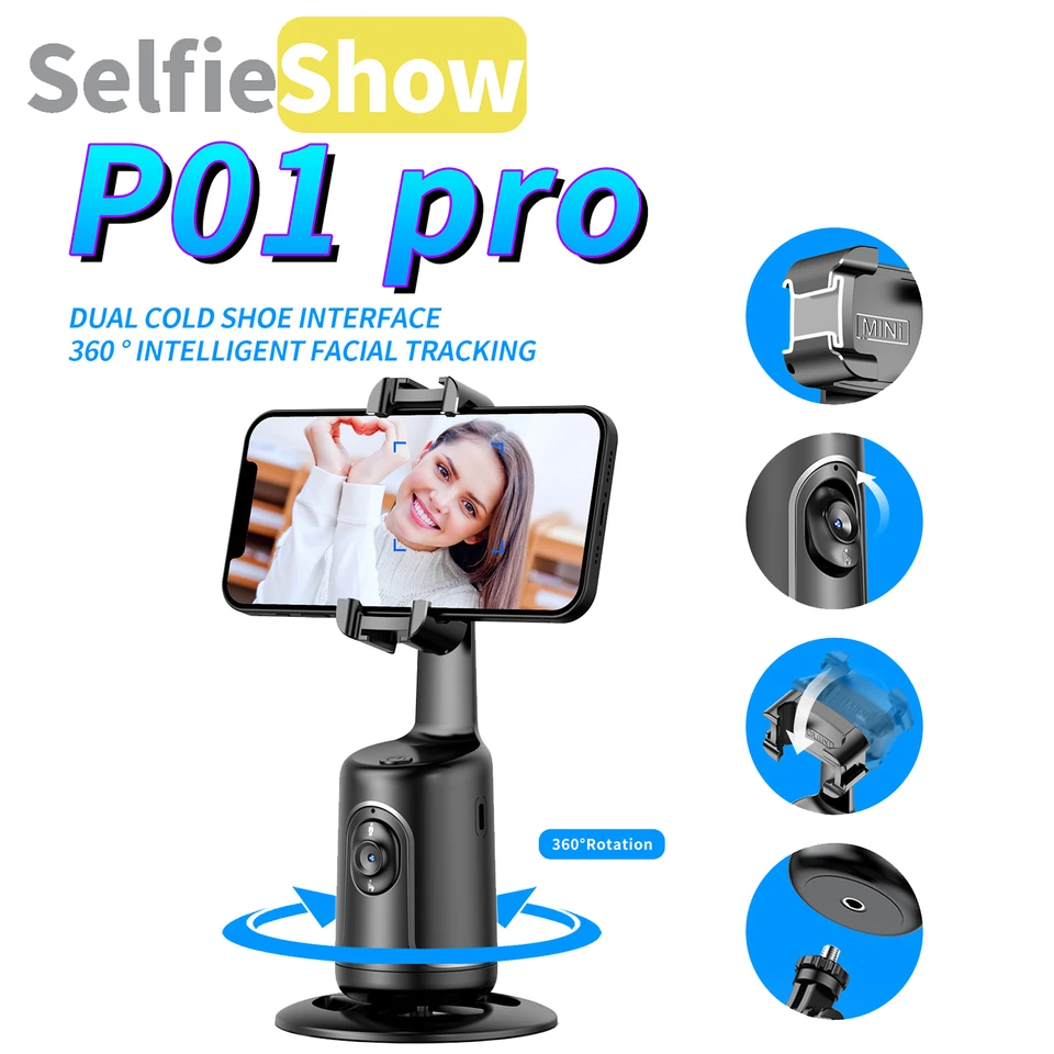 P01 Pro 360 Rotácia Gimbal stabilizátor Cold Shoe Wireless Bluetooth AI statív automatické sledovanie tváre pre stolné počítače pre smartphone naživo