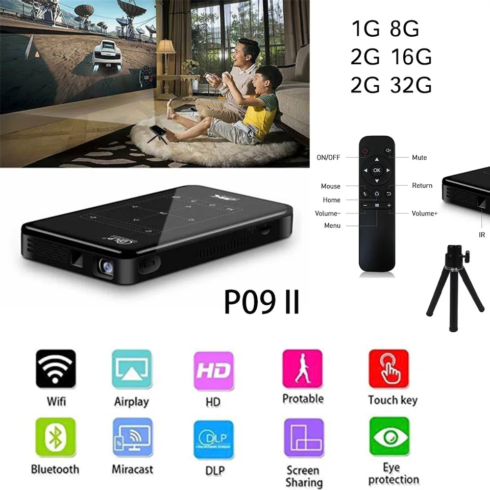P09-II Prenosný DLP Mini Pocket Projector Android 9.0 2 GB RAM 32 GB WiFi5 BT4.2 4K HD Beamer Home Cinema LED VIDEO VIDEOCON K19