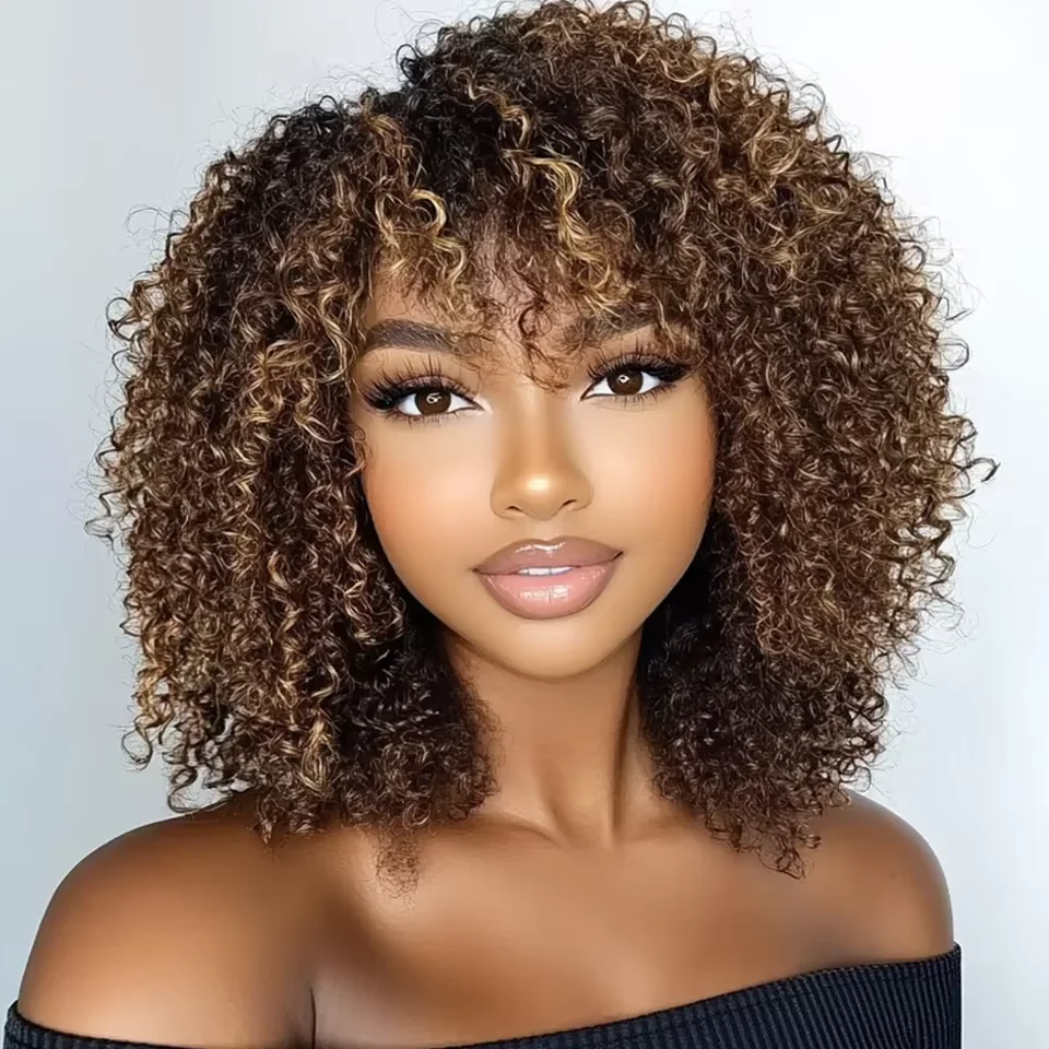 P4/27 Blonde Highlight Kinky Curly Parochňa s treskami 180D Short Bob Parochne ľudské vlasy Plné stroja vyrobená afro výstredná parochňa pre ženy