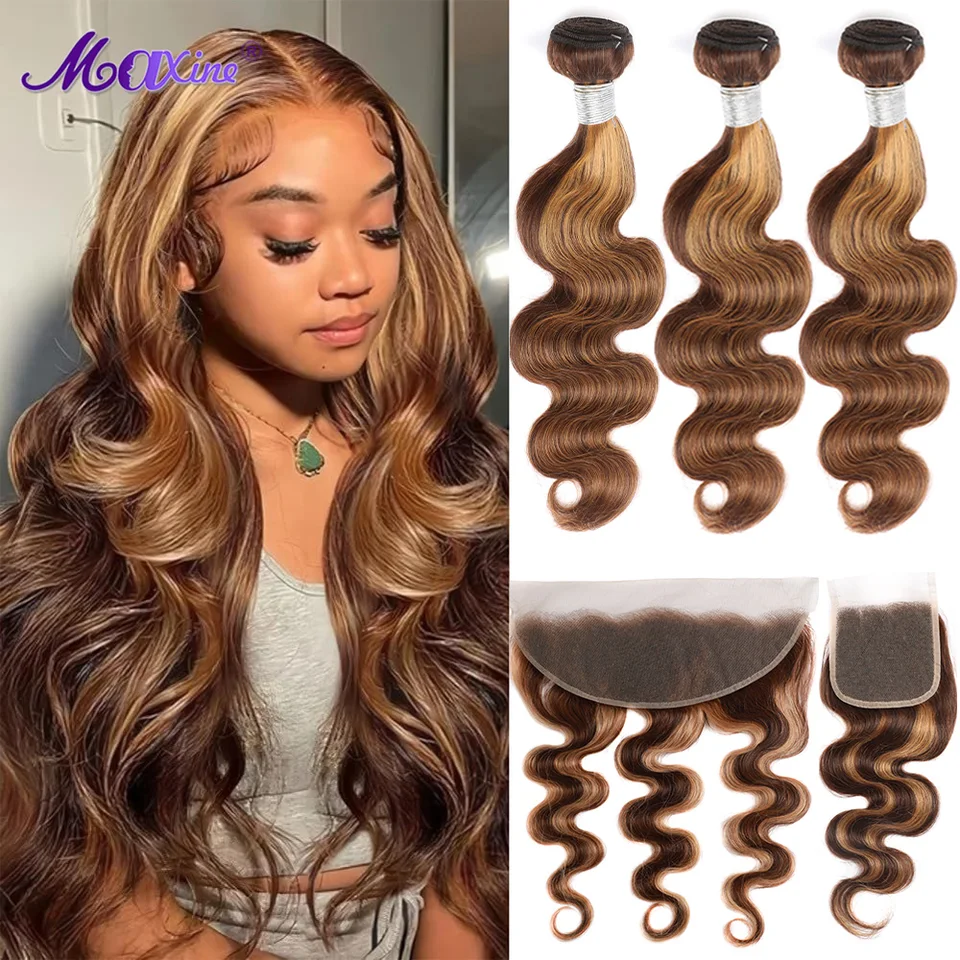 P4/27 zvýrazní zväzky a zatvorenie čelných vĺn tela ľudské vlasové zväzky s uzáverom Brown Blonde Lace Uzavretie s zväzkami
