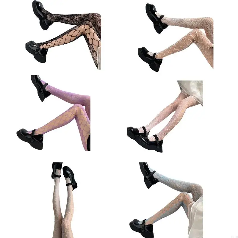 P8DB Ženy Dark Gothic Fishnet Lace Pantyhose Harajuku Rose Listy Jacquard Vzorované pančuchy bočné diery číre
