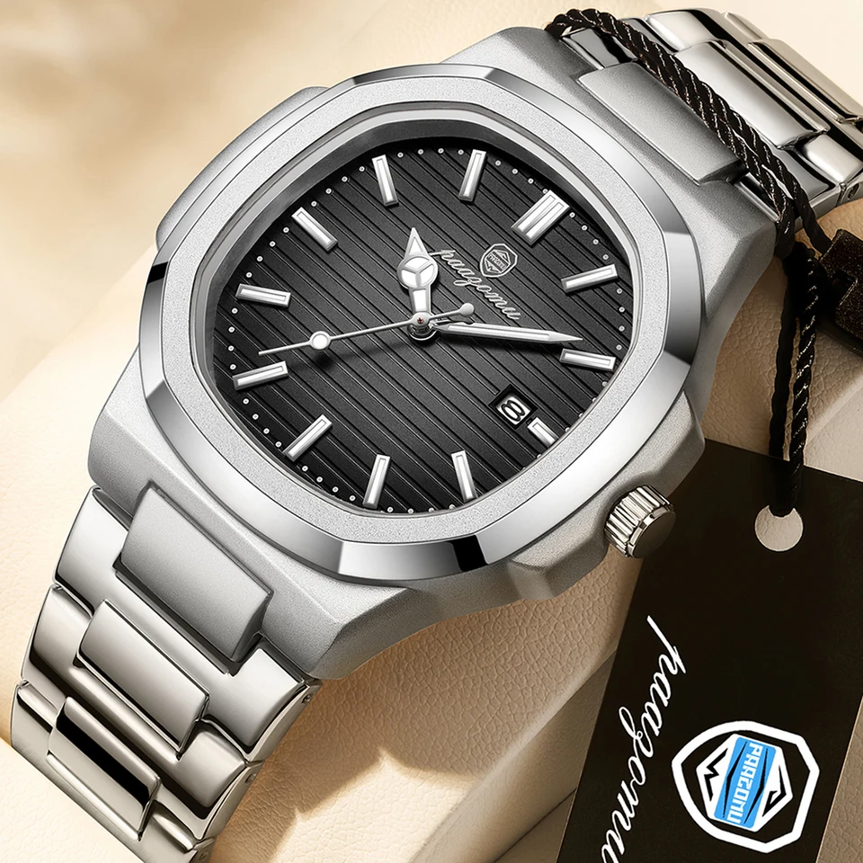 Paazomu Luxury Watch Business Waterproof Male Clock Luminous Dátum z nehrdzavejúcej ocele Square Quartz Men Watch Reloj Hombre 2024 Nový