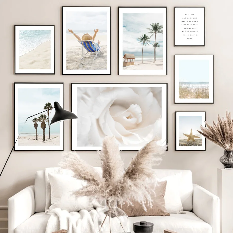 Palm Beach Waves On Sun Batting Starfish Ware Flower Wall Wall Art Art Canvas Painting Nordic Poster Decor Pictures pre obývaciu izbu