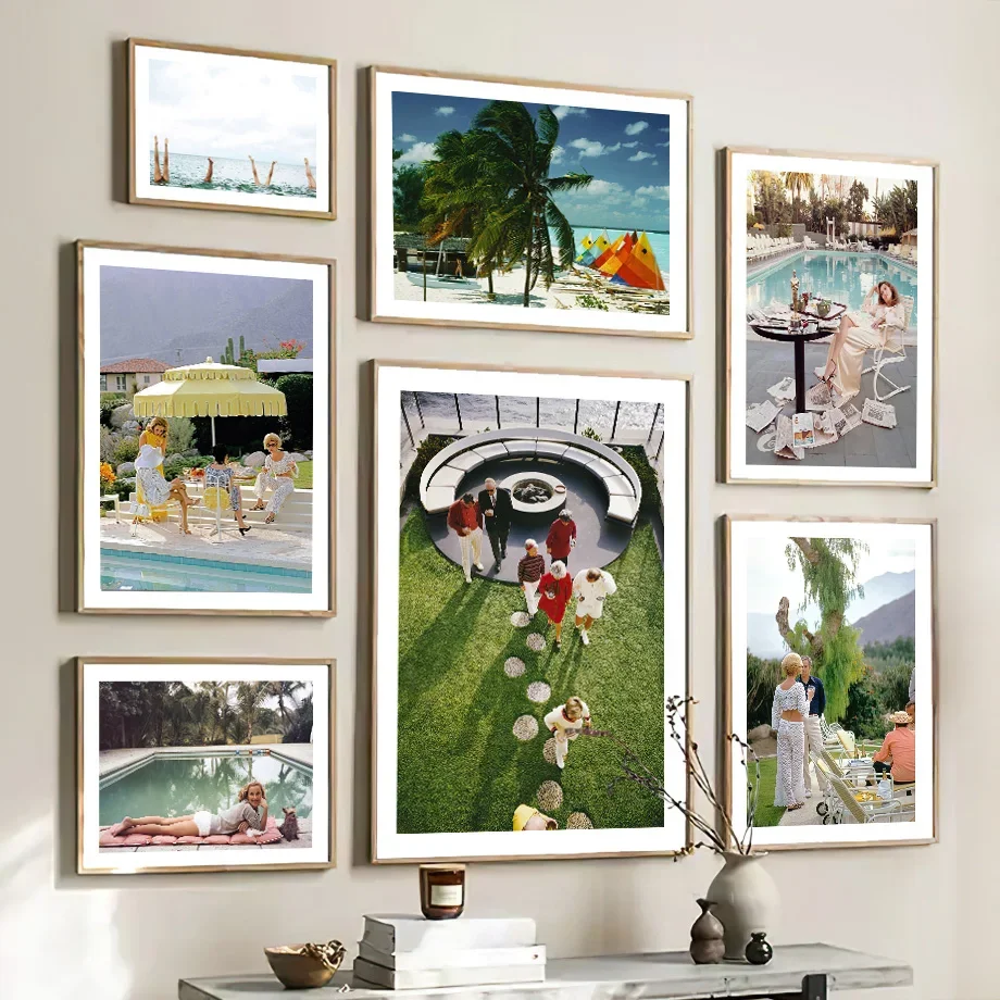 Palm Springs bazén retro parasol tropická plážová nástenná nástenná maľba maľba plagáty a výtlačky nástenné obrázky pre dekoráciu obývacej izby