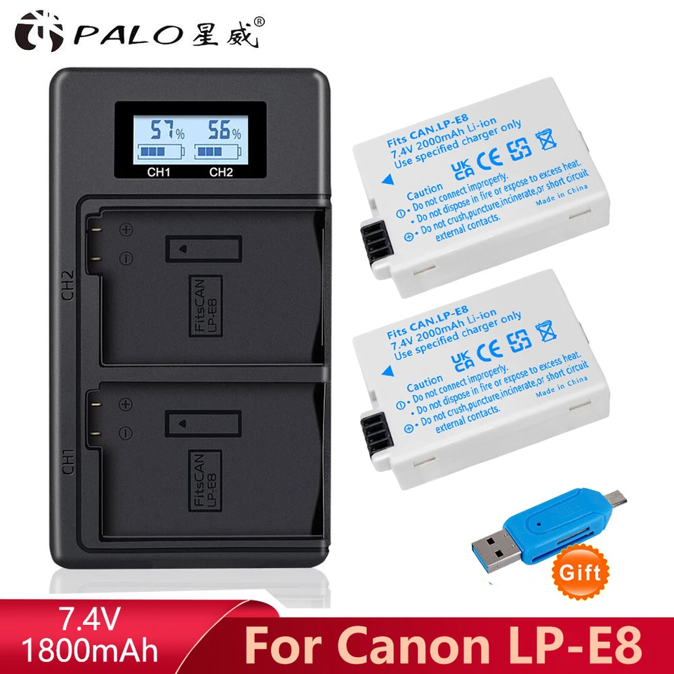Palo LP-E8 LP E8 LPE8 1800MAH CAMERA BATTÁRA + LED DUUL DUUL nabíjačka pre Canon EOS 550D 600D 650D 700D X7I X6I X5 X4 T2I T3i T4i T5i