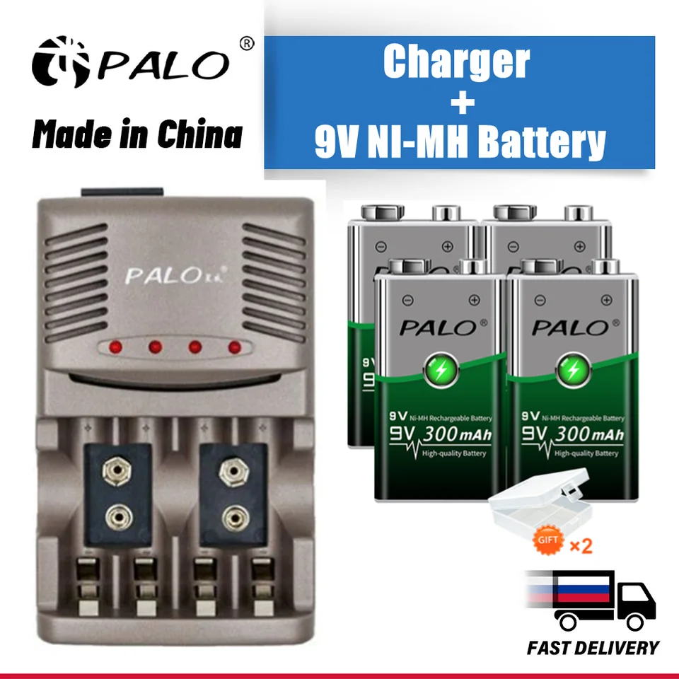 Palo ni-cd ni-MH 9V Nabíjateľná batéria 6F22 + inteligentná nabíjačka Batterni NIMH 300 mAh 9 voltov Koruna pre detektor kovov