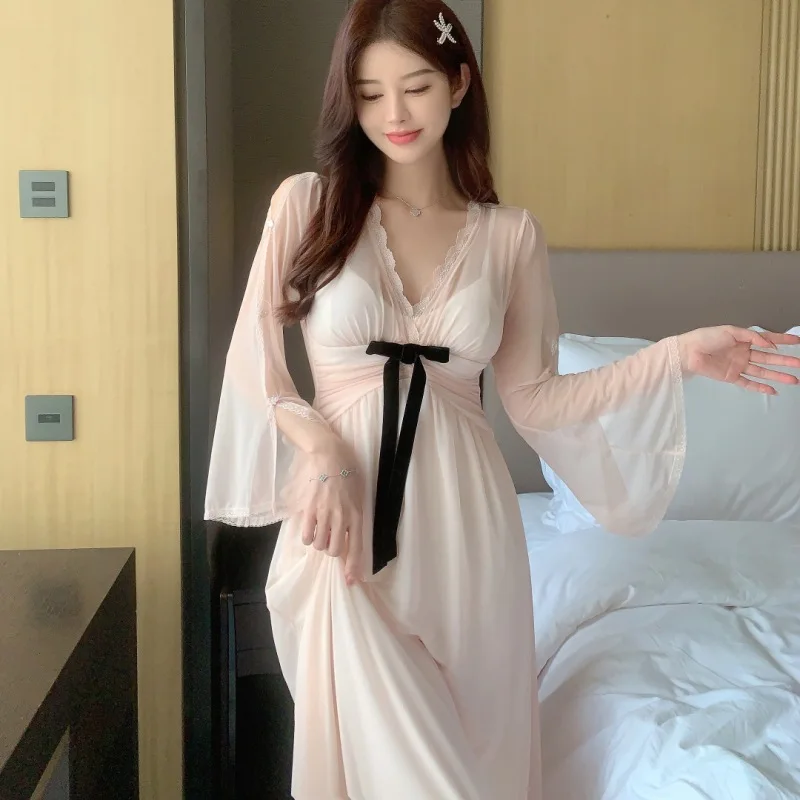 Palácový štýl podprsenka podložka s dlhým rukávom sladká nočná nočná žien Dlhé šaty Kórejské sieťoviny Nočné košele Ženy Nightshirt Vestido de Mujer
