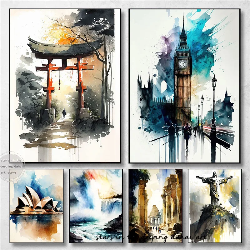 Pamiatky v štýle akvarelu Big Ben London Sydney Egypt Japonsko