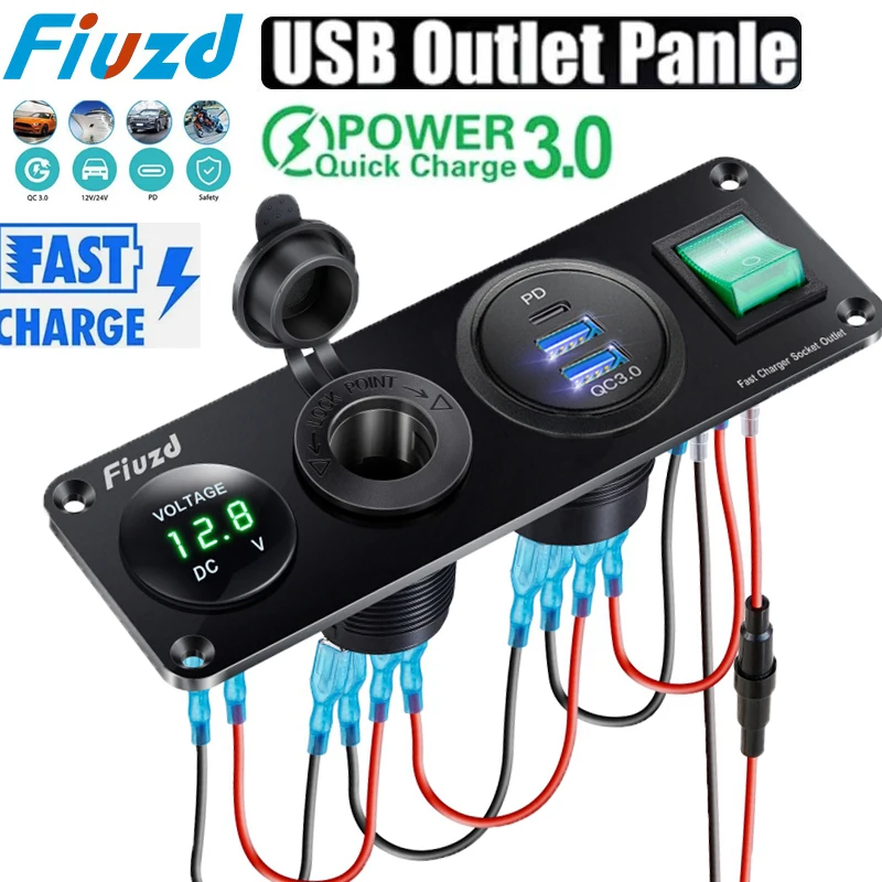 Panel na vypínač vypínačov 12 V 24 V Cigareta Zapaľovacia objímka automobilu QC3.0 Dual USB nabíjačka LED Voltmeter