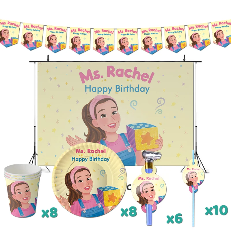 Pani Rachel Narodeninové oslavy dekorácie Learning Video Téma Dodávky Banner Cups Plates pre deti batoľa