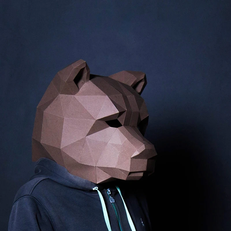 Papier s hnedým medveďom Nositeľná maska ​​zvierat Cosplay Papercraft 3D DIY Origami Headgearge Halloween Prom Party Girls Darčeky