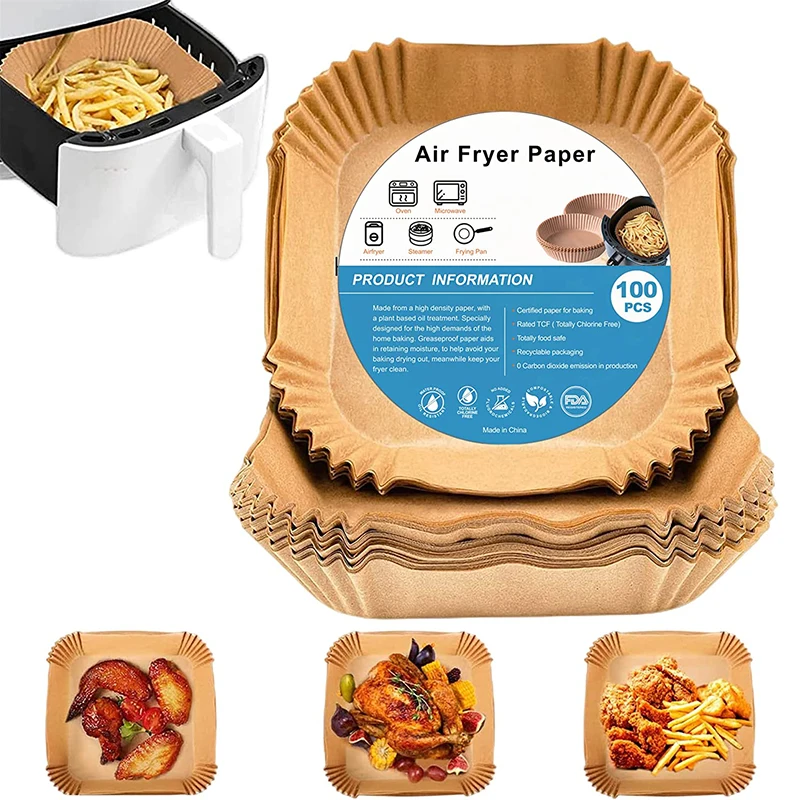 Papier vzduchového fritézy, 100 kusov na pečenie, pergamenový papier na vyprážanie, pečenie, varenie, grilovanie a ropný dôkaz