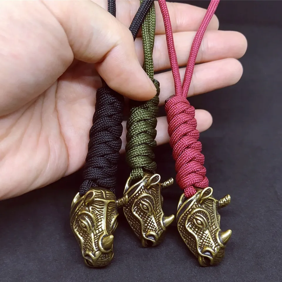 Paracord prepletený prívesok retro mosadz Rhino Head DIY Lanyard Knife Ozdobia vrecko na zavesenie lana ručne vyrobená