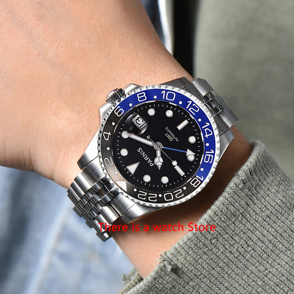PARNIS 40 mm automatické mechanické hodinky Men čierny číselník GMT keramický rám luxusný žiarivý vodotesný zafír mužský náramok