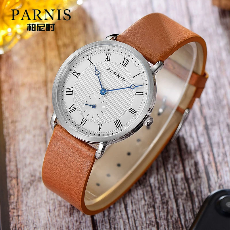 Parnis 40 mm Miyota Quartz Movement Pánske náhodné hodinky Malé druhé kožené pásmo
