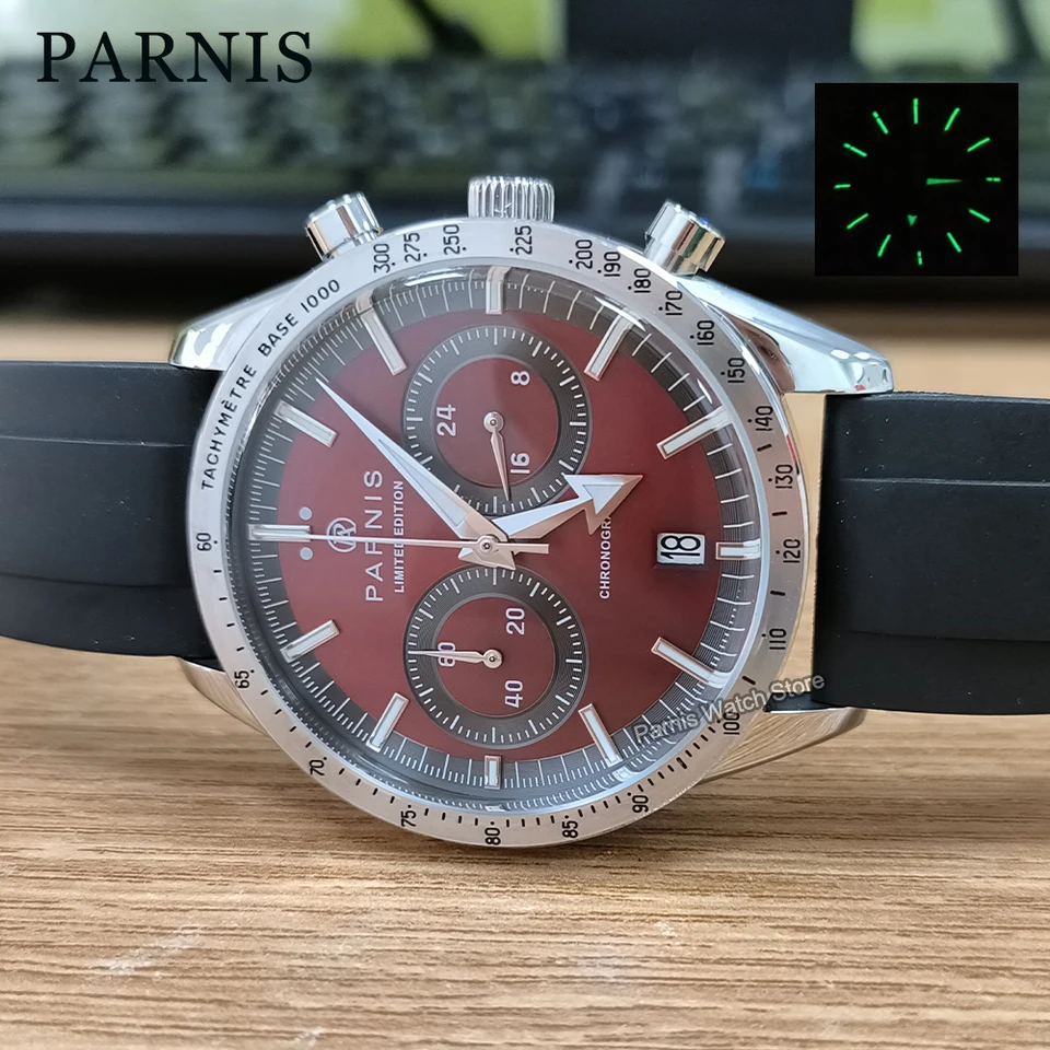 Parnis 40 mm červený číselník strieborný rámec Quartz Chronograph Pánske hodinky Čierny gumový remienok Men vodotesné športové hodinky Darčekové hodiny