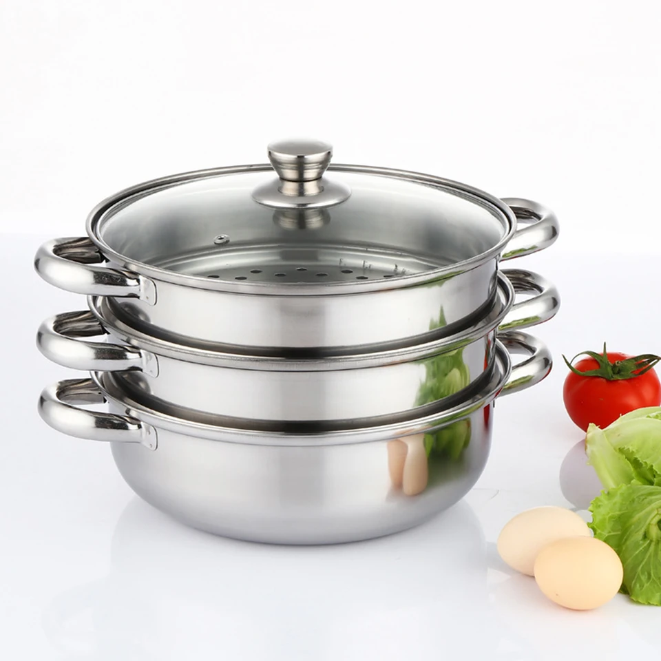 Parník na varenie 3-stupňovej z nehrdzavejúcej ocele Parníka Pot Not Food Steamer Parné hrnce s vekom na varenie zeleninových cestovín na morské plody