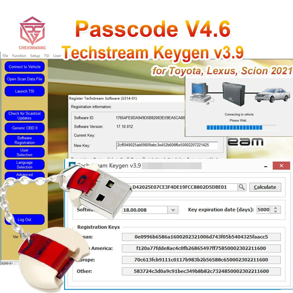 Passcode v4.6/v4.5 pre techstream v18.00.008 Registrácia softvéru Keygen V3.9 Kalkulačka Smart Code Reset pre Toyota/Scion/Lexu