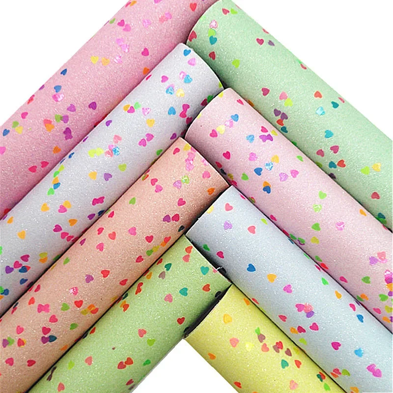 Pastelové farby trblietavé faux vinylová tkanina s dúhovými srdiečkami trblietavé kožené listy pre náušnice DIY 21x29cm GM2458A