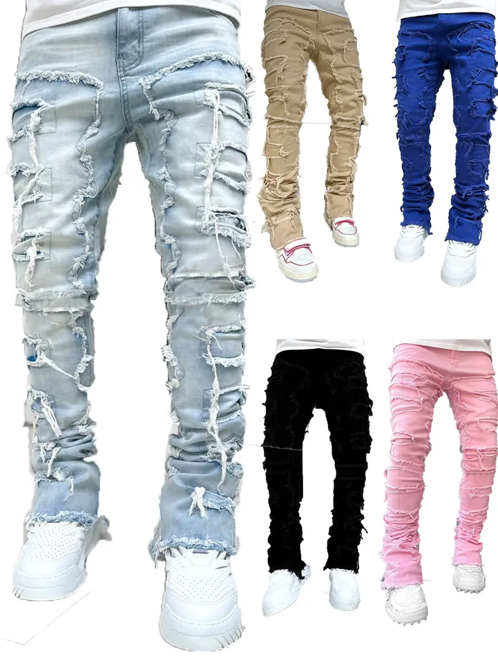 Patch Denim Denim Straight-Leg Pants Retro Jeans Street módny výbušný štýl elastický módny retro džínsové nohavice nových mužov retro džínsové nohavice