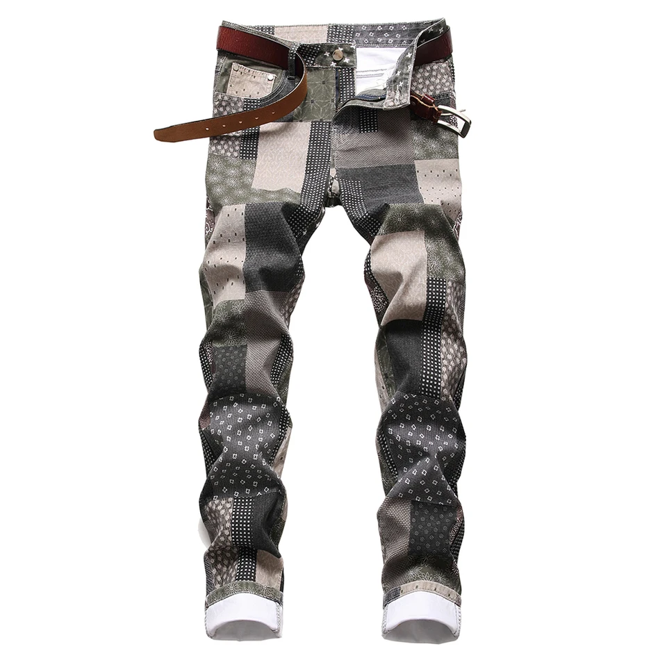 Patch patchwork tlačené džínsy módne štíhle priame džínsové nohavice Plaid Digital Maľované nohavice