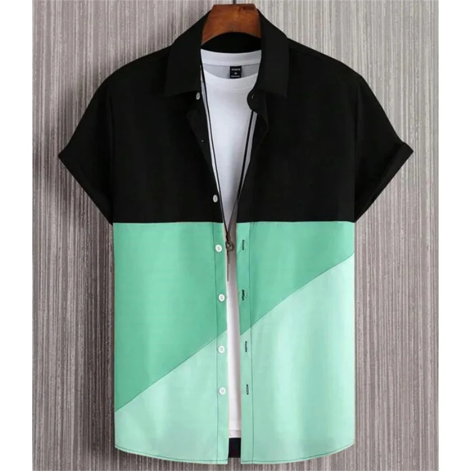 Patchwork Plaid 3D tlačené tričko Čierna top Top Top Módne krátke rukávy košele gombíky klopné odevy na ulici Unisex Clothing