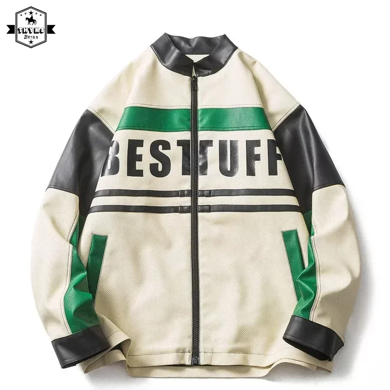 Patchwork PU kožená bunda Men Spring Nadmernisize Letter Print Racing Women Bomber Coat módne oblečenie Vintage motocyklová bunda