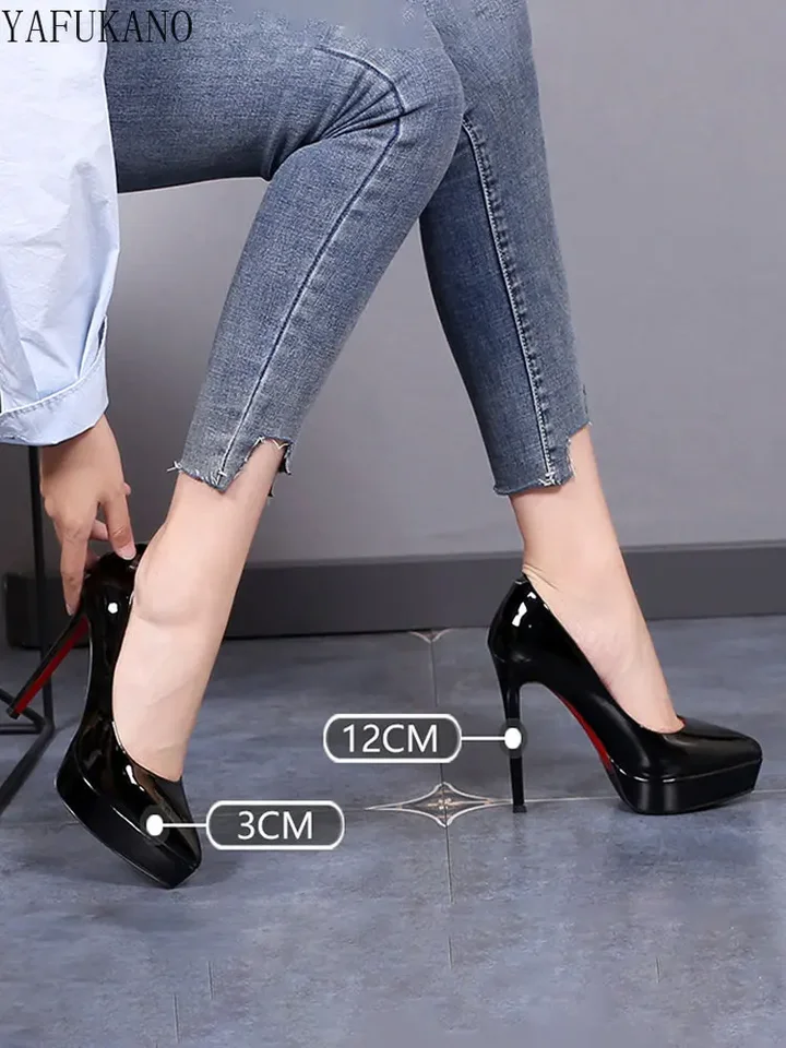 Patentské kožené dámske topánky tenké päty vysoké podpätky špicaté plošiny nie unavené nohy čierne topánky Prom Prom topánky Veľkosť 32 33