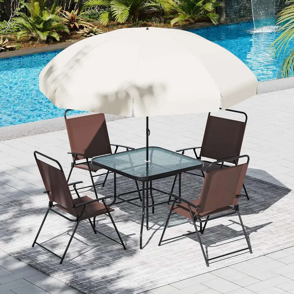 Patio Dining Set pre 4, vonkajší stôl a stoličky s dáždnikom, 4 skladacie stoličky a sklenený stôl pre trávnik, palubu, záhradu,
