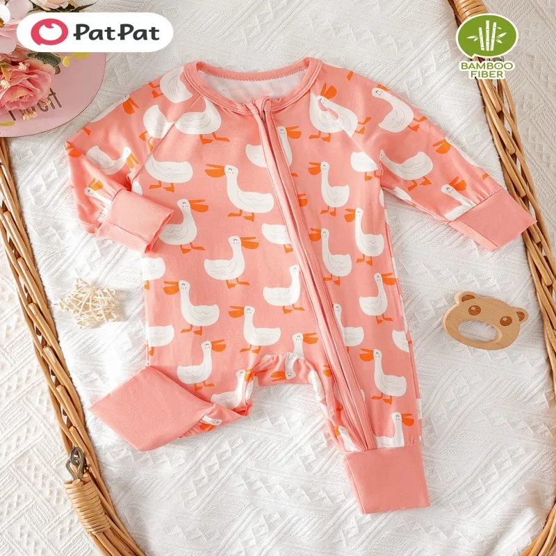 Patpat patpat dievčatko bambusové vlákno kačica potlač zips s dlhým rukávom Onesie mäkké pohodlné každodenné opotrebenie