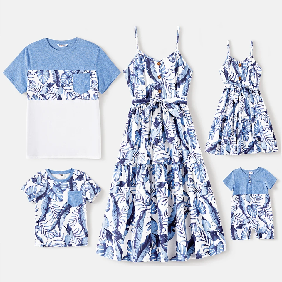 Patpat rodina zodpovedajúce oblečenie Naia Blue Floral Tee Gompter Rough Hem Srap Dress