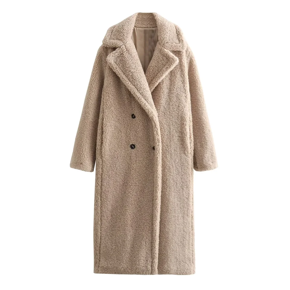 PB & ZA Dámske 2024 Jeseň a zimné nové klopy s dlhým rukávom s dvoma rukávmi s dlhým rukávom Long Coat Fleece Long Coat