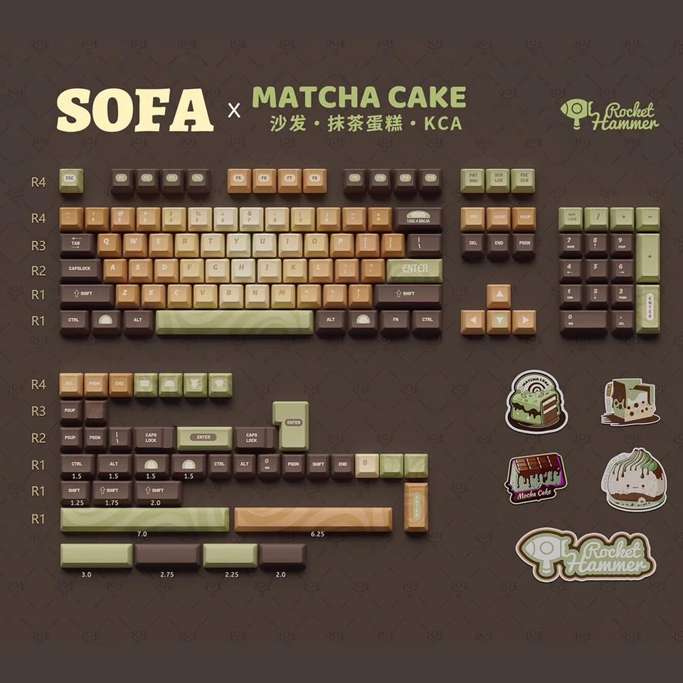 PBT matcha torta keycap Mechanická klávesnica 142 Klávesy KCA Profil Dye subded ANSI rozloženie s ISO ENTER 2U 2.25U 3U Space Bar